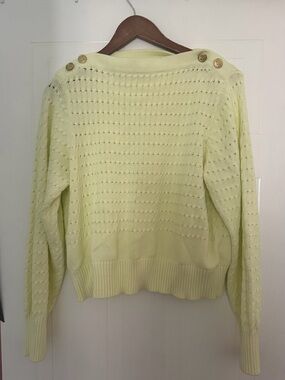 Light Yellow Eyelet Knit Crewneck Sweater with Shoulder Buttons